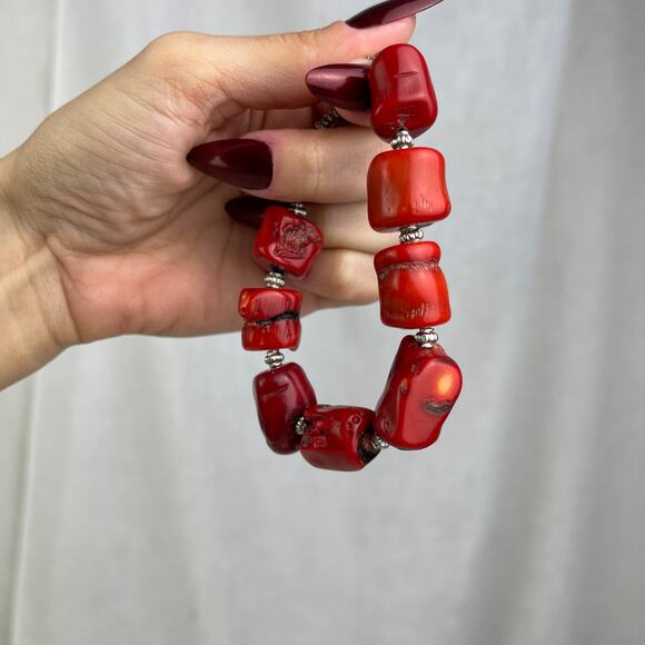 Vintage Y2K Chunky Natural Red Coral Bracelet Silver Tone Chain Pearl Adjustable - Picture 11 of 16